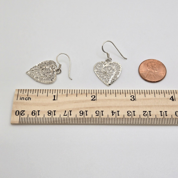 Vintage Sterling Silver Heart Earrings Diamond Cut Open Work Ornate Boho Classic - Picture 9 of 13